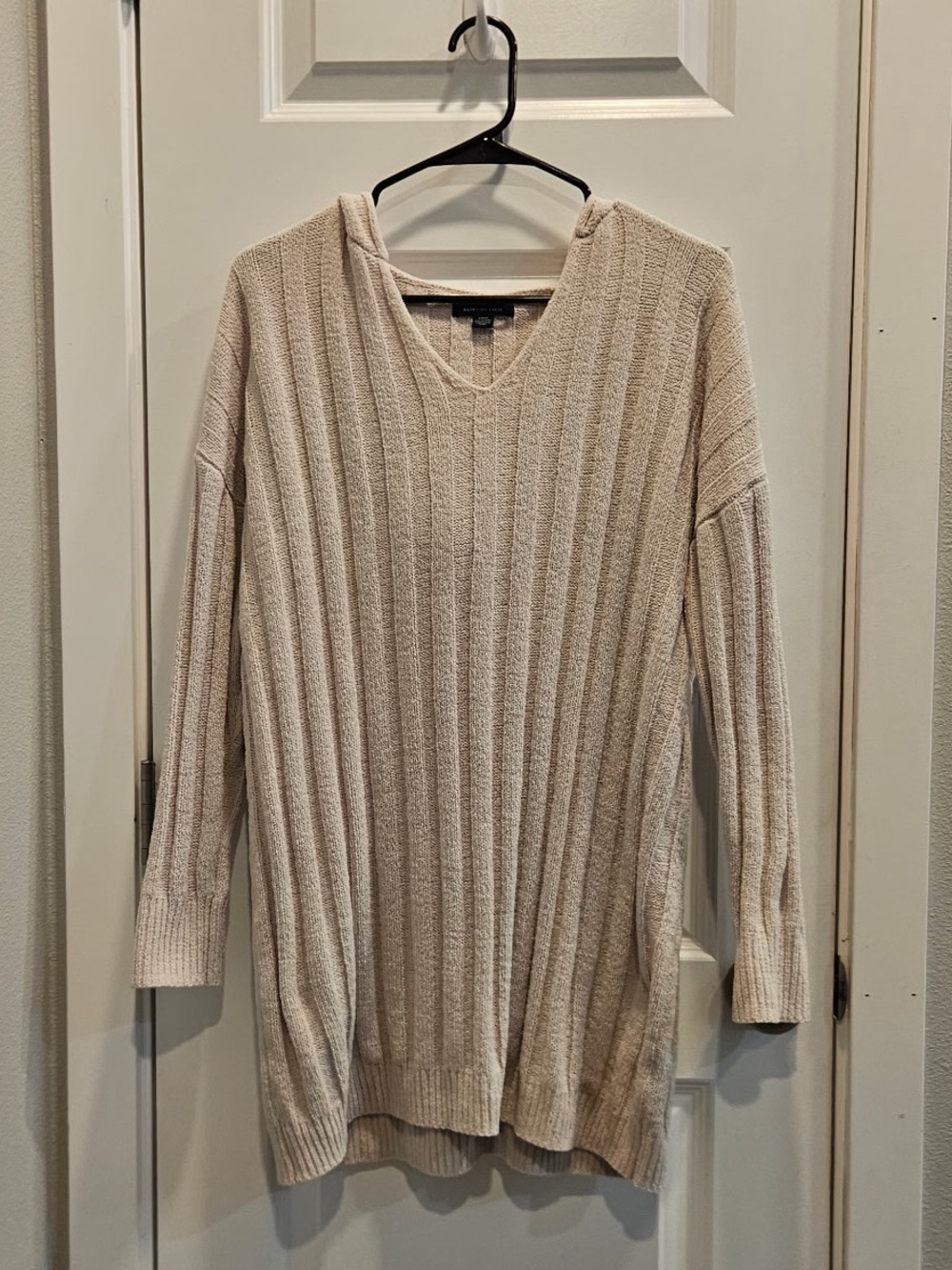 American Eagle Outfitters Ribbed V-Neck Hoodie Sweater - Cream